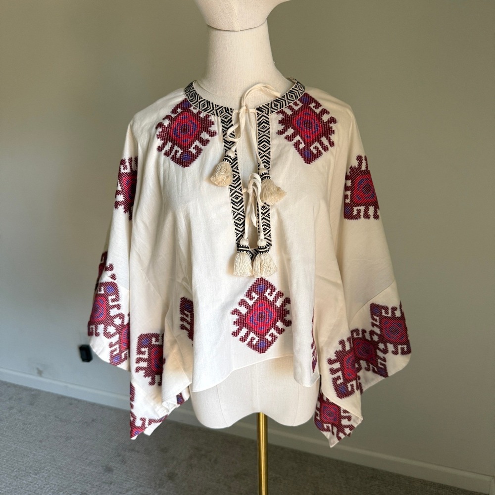 Johanna Ortiz Bushveld Poncho Embroidered Fabric Tassels Cream Size M - Picture 2 of 10